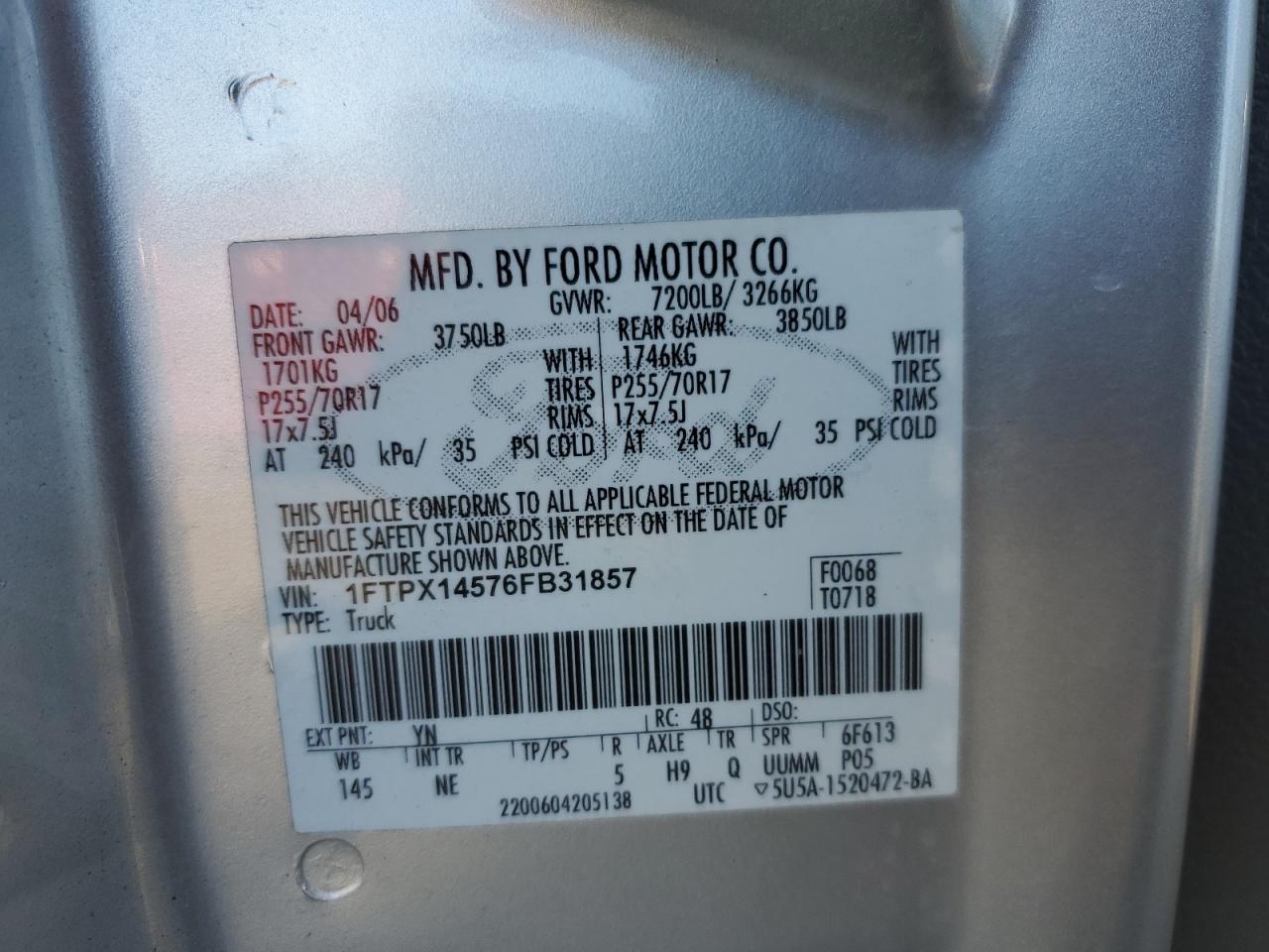 1FTPX14576FB31857 2006 Ford F150