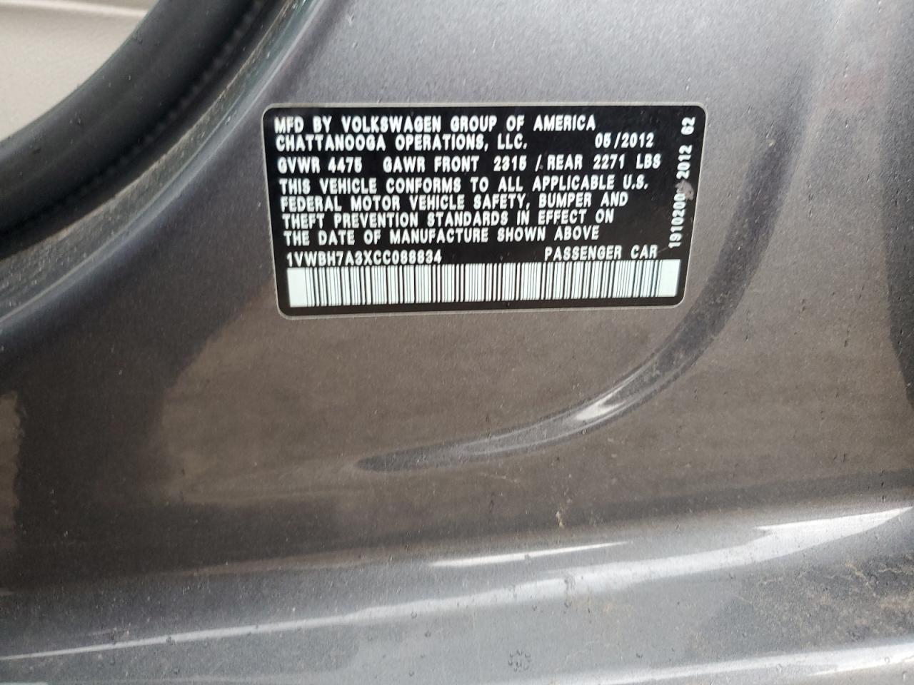 2012 Volkswagen Passat Se VIN: 1VWBH7A3XCC088834 Lot: 67111025