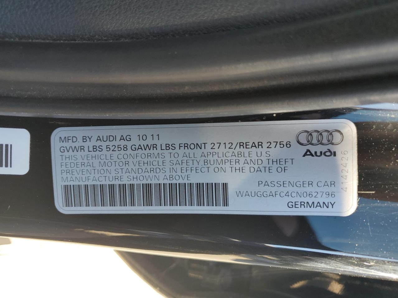 2012 Audi A6 Premium Plus VIN: WAUGGAFC4CN062796 Lot: 74658114