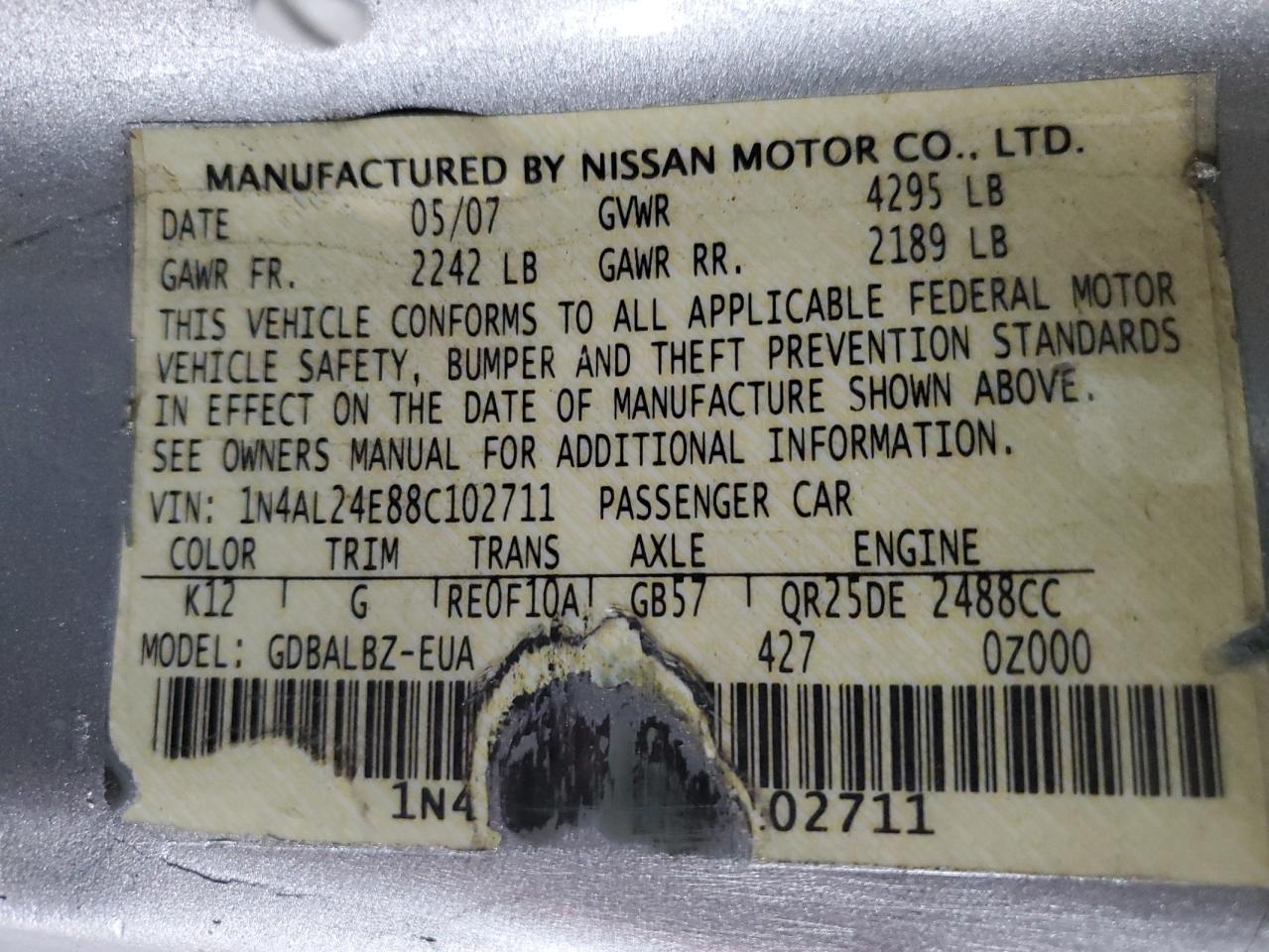 1N4AL24E88C102711 2008 Nissan Altima 2.5S