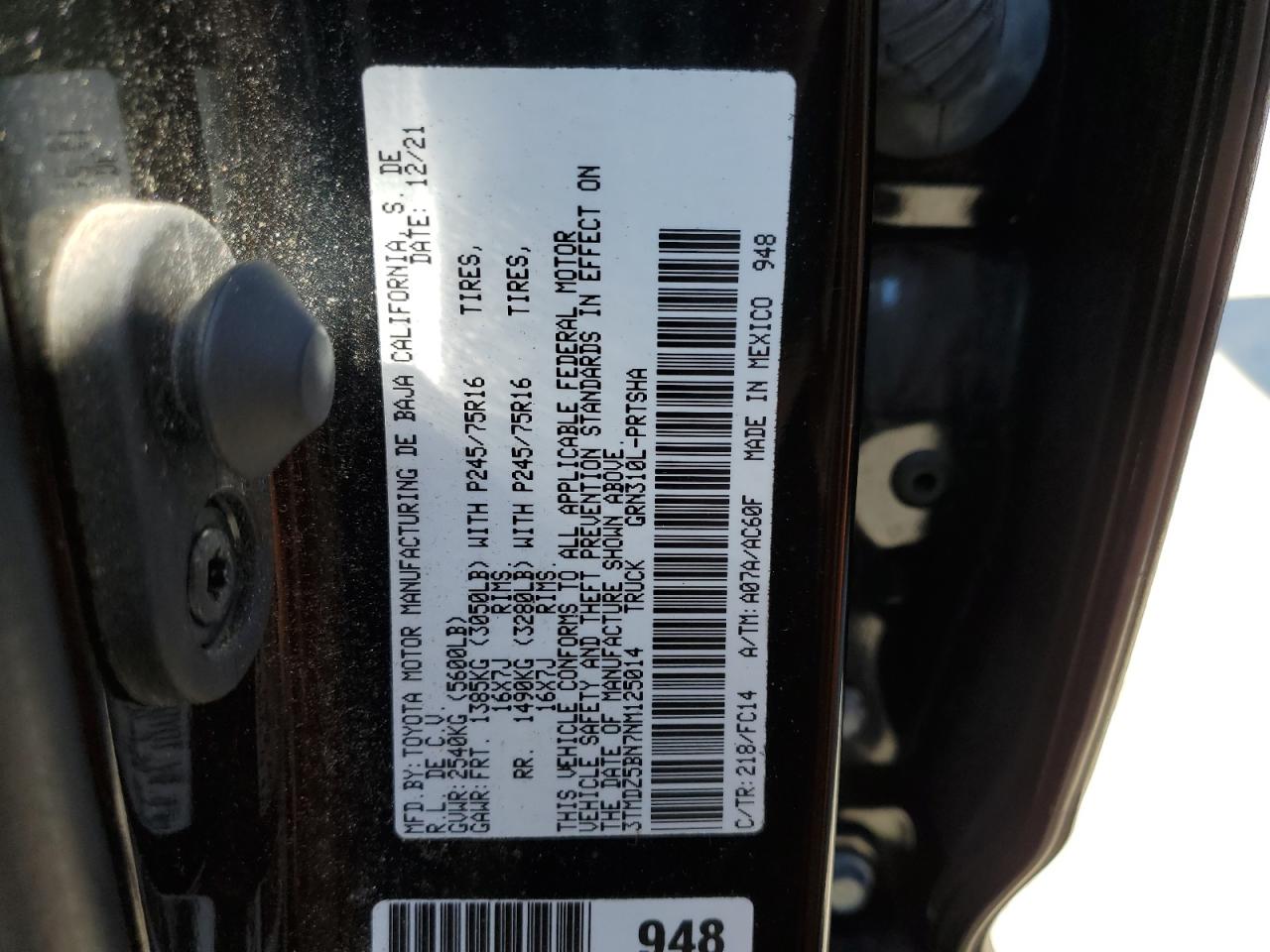 VIN 3TMDZ5BN7NM125014 2022 TOYOTA TACOMA no.12