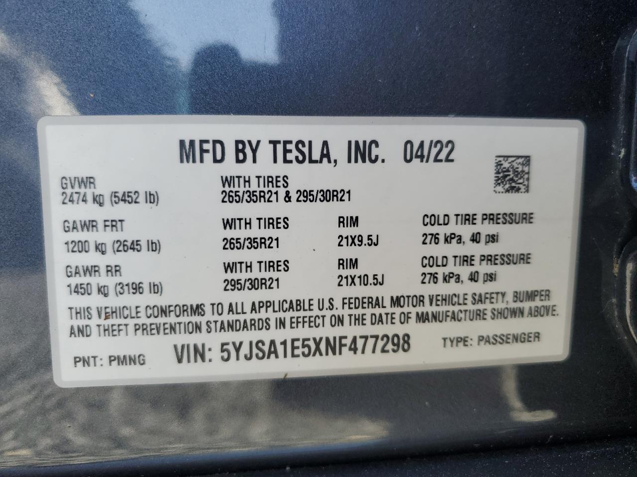 2022 Tesla Model S VIN: 5YJSA1E5XNF477298 Lot: 73740524