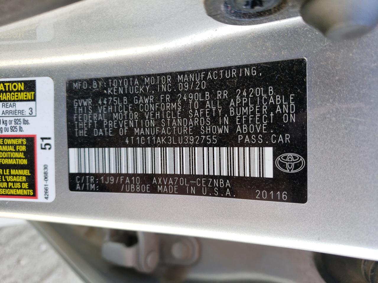 4T1C11AK3LU392755 2020 Toyota Camry Le