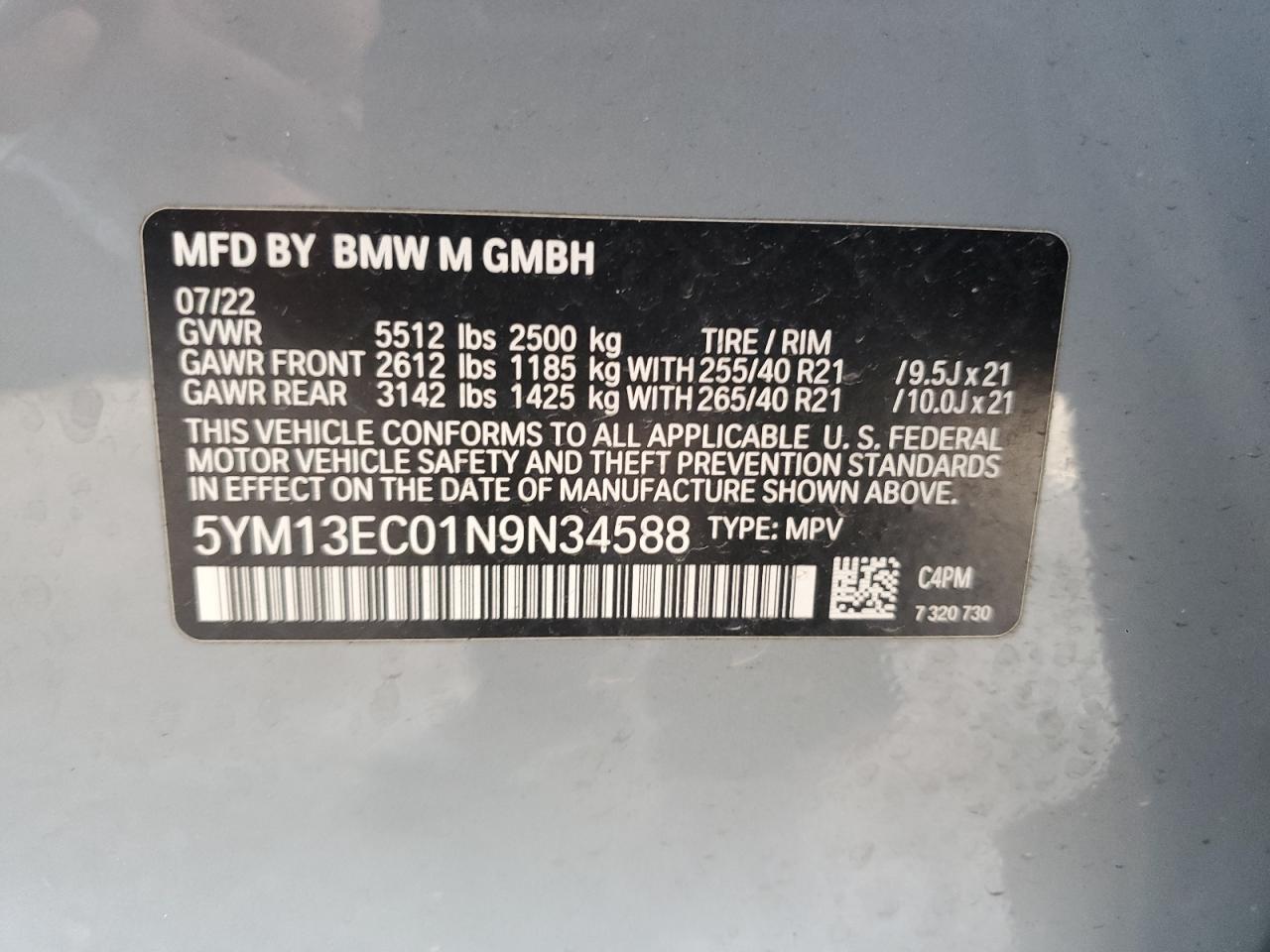 2022 BMW X3 M VIN: 5YM13EC01N9N34588 Lot: 76460514