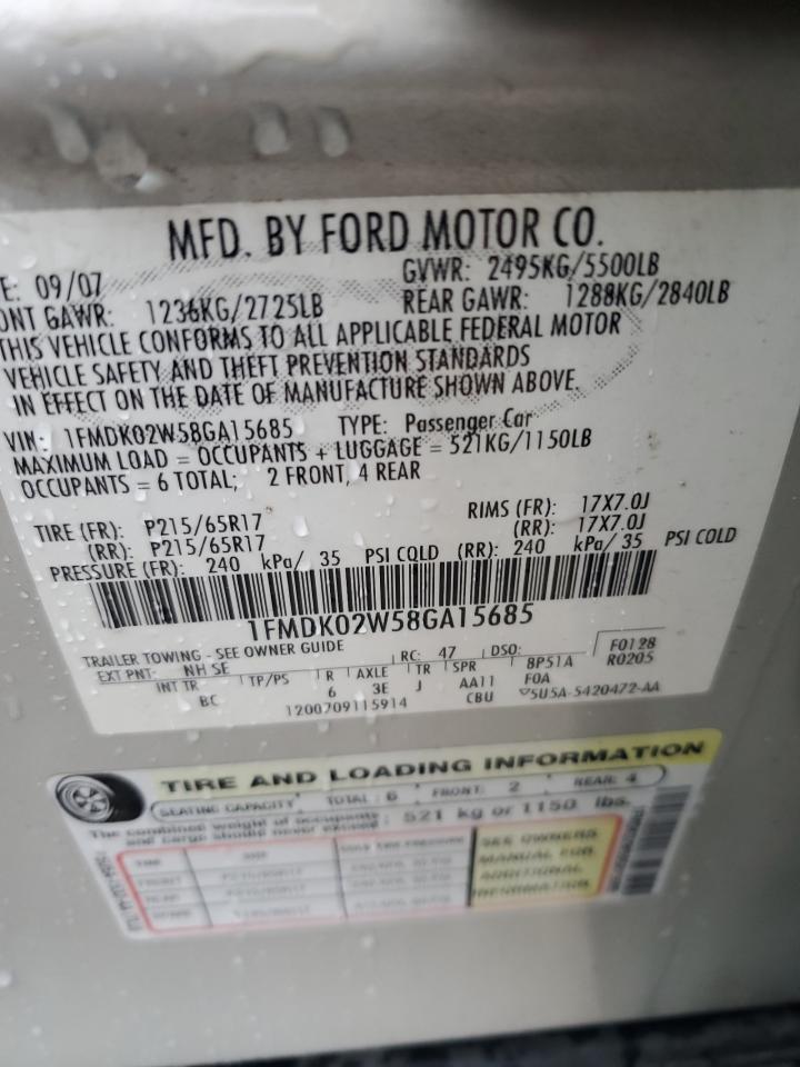 2008 Ford Taurus X Sel VIN: 1FMDK02W58GA15685 Lot: 78738744