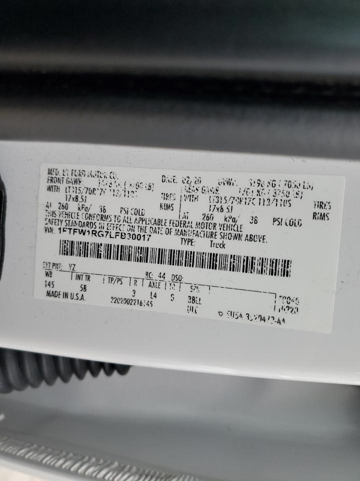 2020 Ford F150 Raptor VIN: 1FTFW1RG7LFB30017 Lot: 74600574