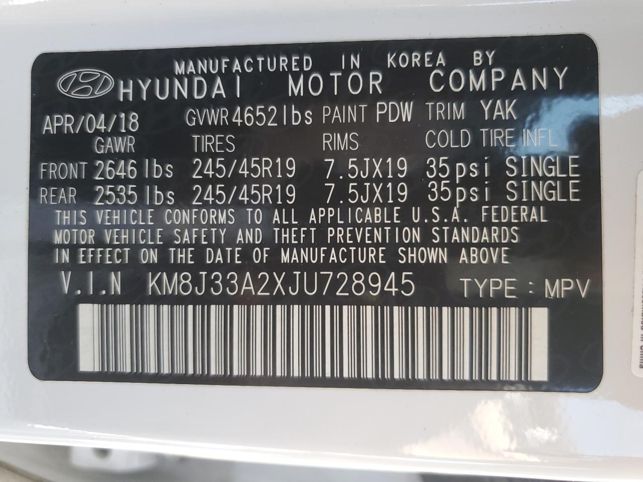 KM8J33A2XJU728945 2018 Hyundai Tucson Value