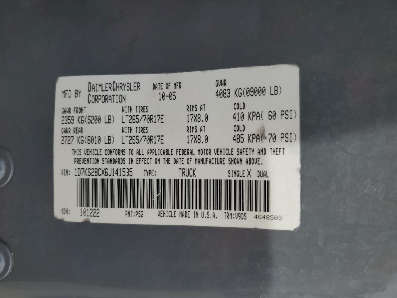 2006 Dodge Ram 2500 St VIN: 1D7KS28CX6J141535 Lot: 75832014