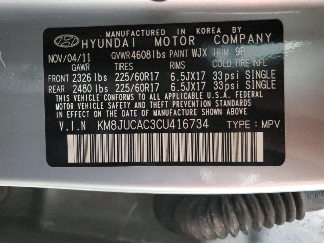 KM8JUCAC3CU416734 2012 Hyundai Tucson Gls