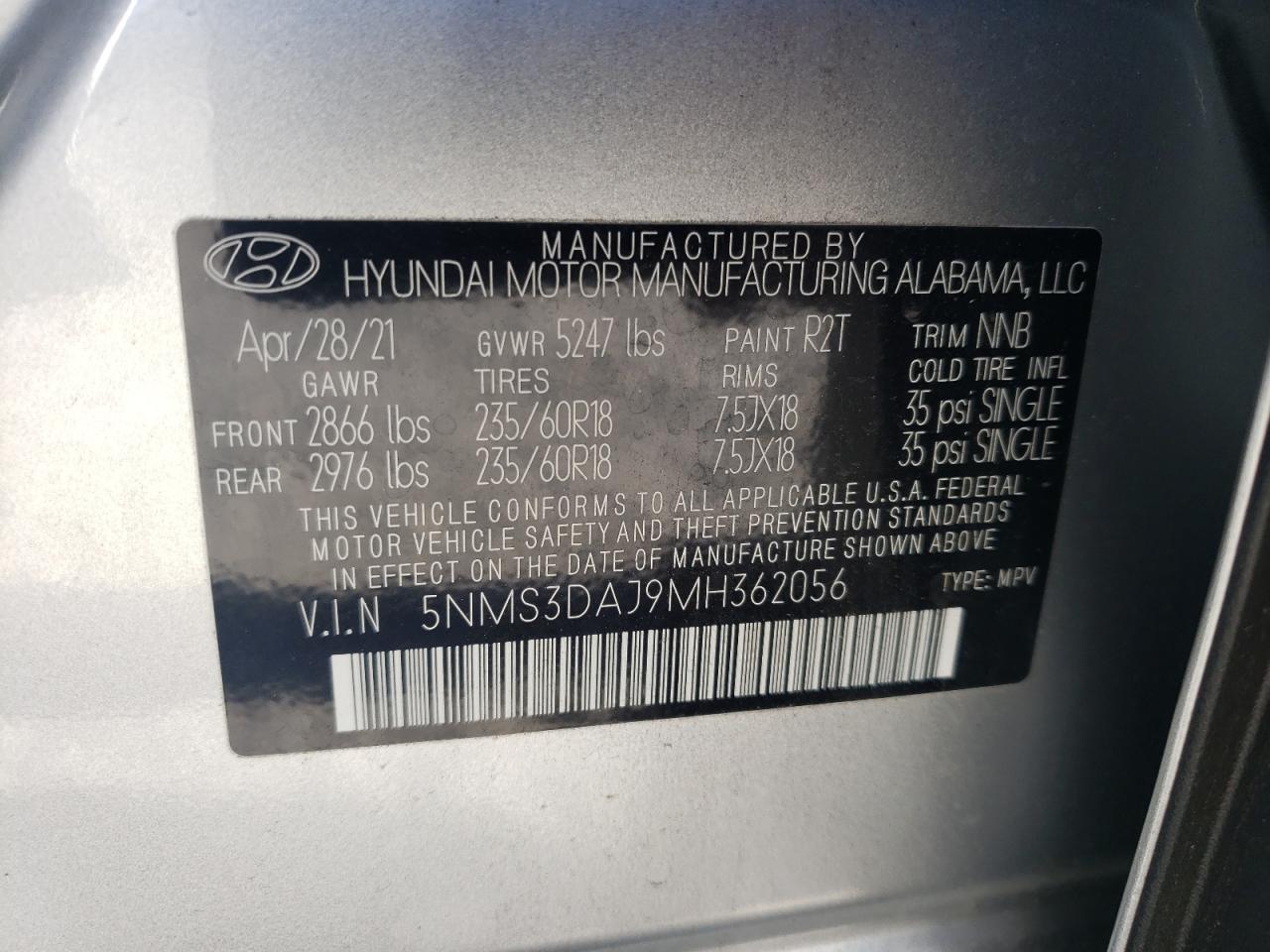 5NMS3DAJ9MH362056 2021 Hyundai Santa Fe Sel