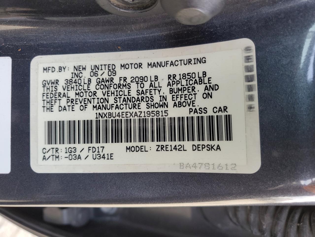 2010 Toyota Corolla Base VIN: 1NXBU4EEXAZ195815 Lot: 75064774