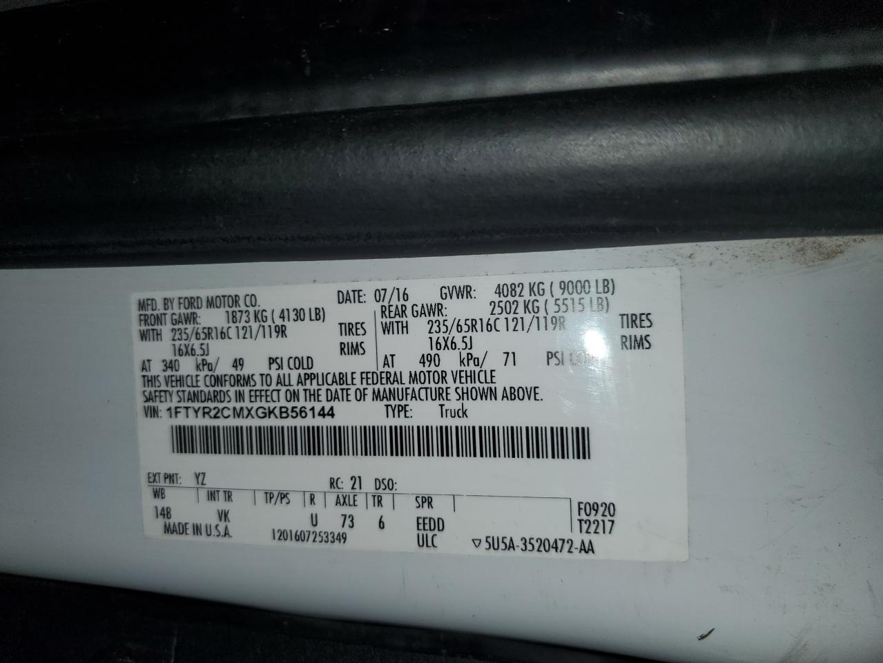 2016 Ford Transit T-250 VIN: 1FTYR2CMXGKB56144 Lot: 74009494