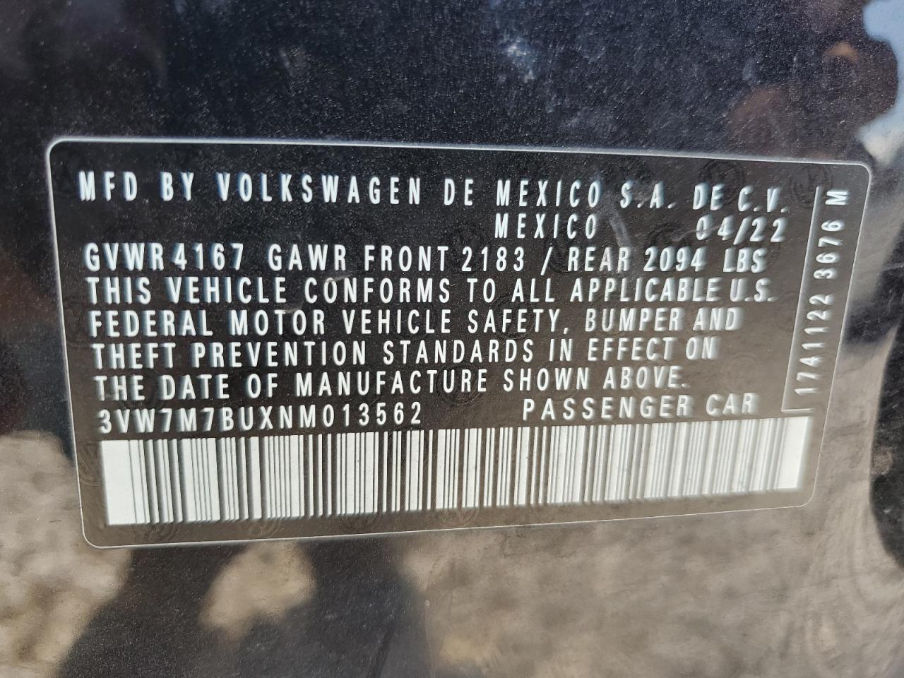 3VW7M7BUXNM013562 2022 Volkswagen Jetta Se