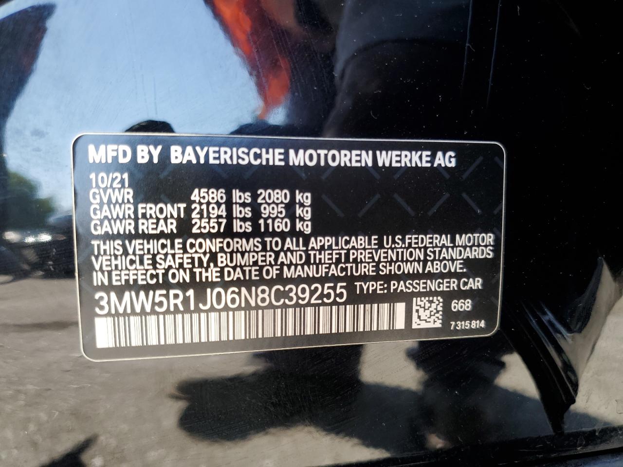 3MW5R1J06N8C39255 2022 BMW 330I