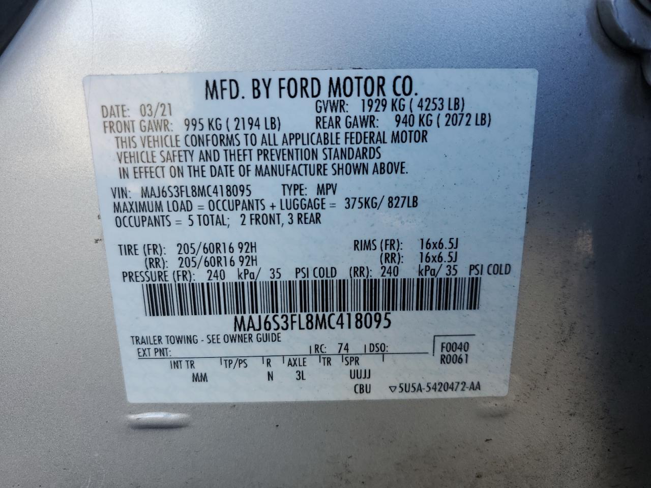 VIN MAJ6S3FL8MC418095 2021 FORD ECOSPORT no.13