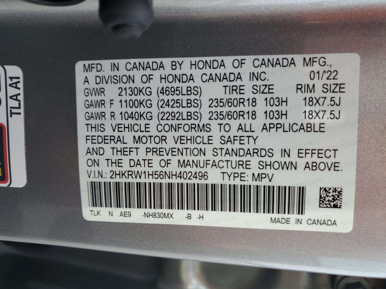 2HKRW1H56NH402496 2022 Honda Cr-V Ex