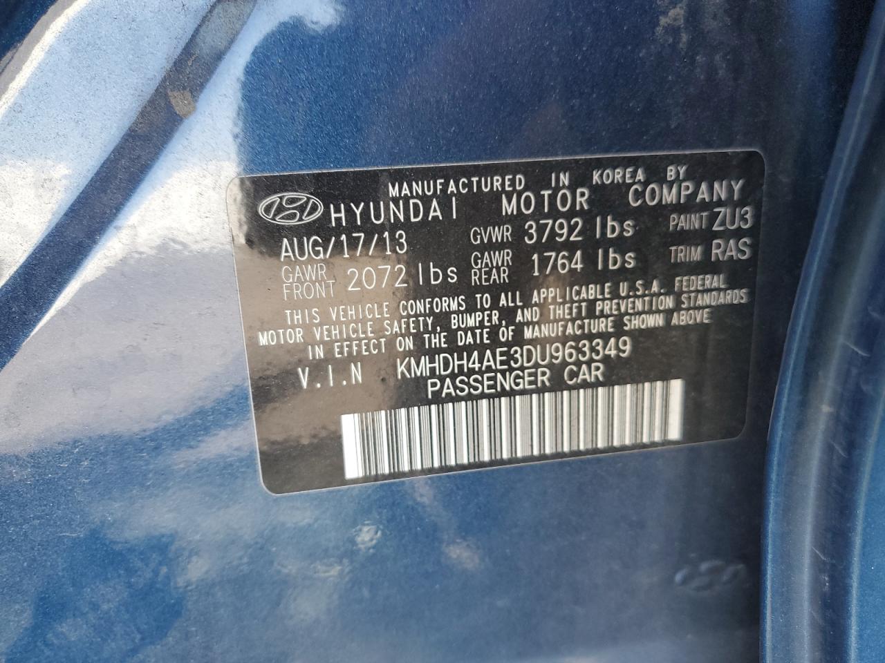 2013 Hyundai Elantra Gls VIN: KMHDH4AE3DU963349 Lot: 76630354