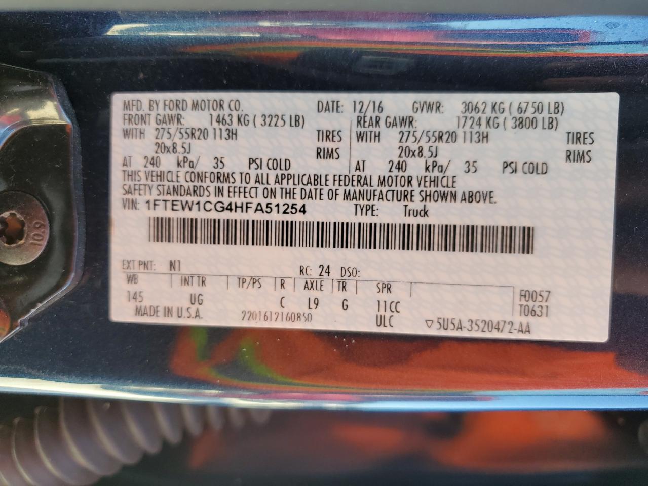 2017 Ford F150 Supercrew VIN: 1FTEW1CG4HFA51254 Lot: 77274934
