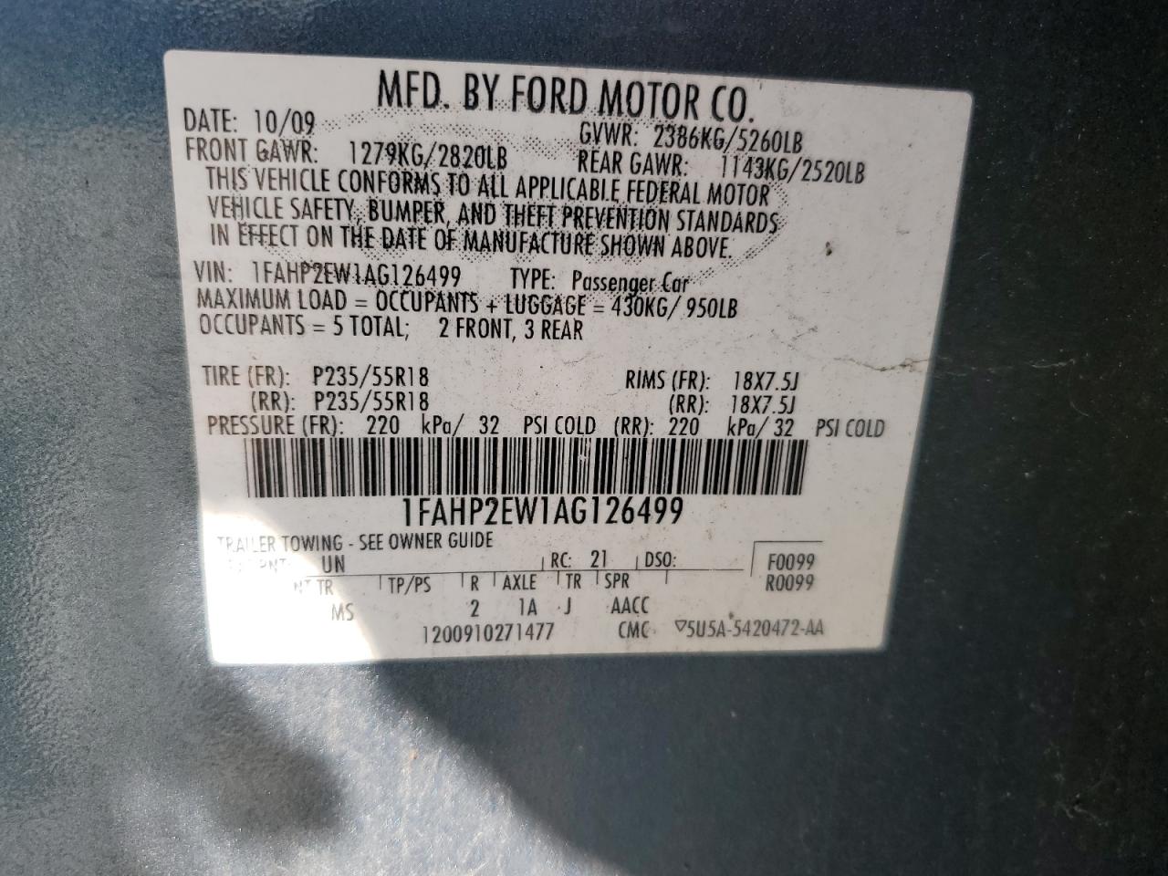 1FAHP2EW1AG126499 2010 Ford Taurus Sel