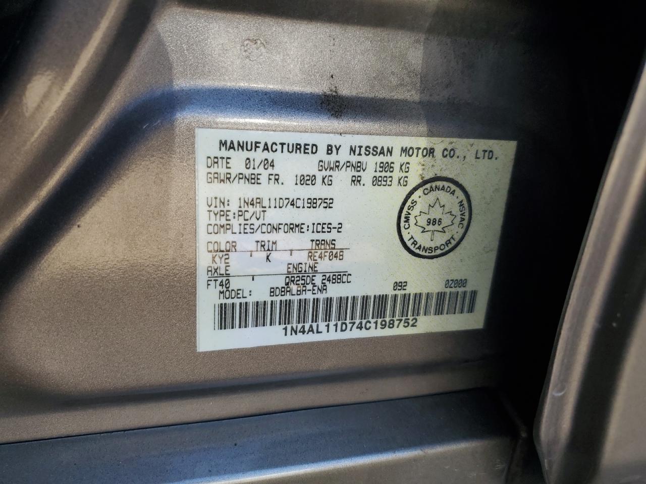 1N4AL11D74C198752 2004 Nissan Altima Base