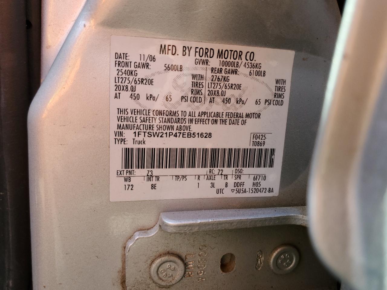 1FTSW21P47EB51628 2007 Ford F250 Super Duty