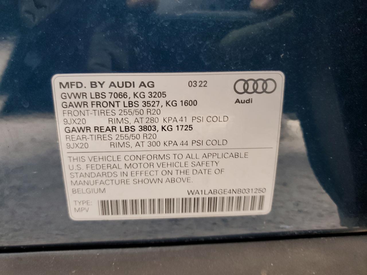 2022 Audi E-Tron Premium Plus VIN: WA1LABGE4NB031250 Lot: 76697184