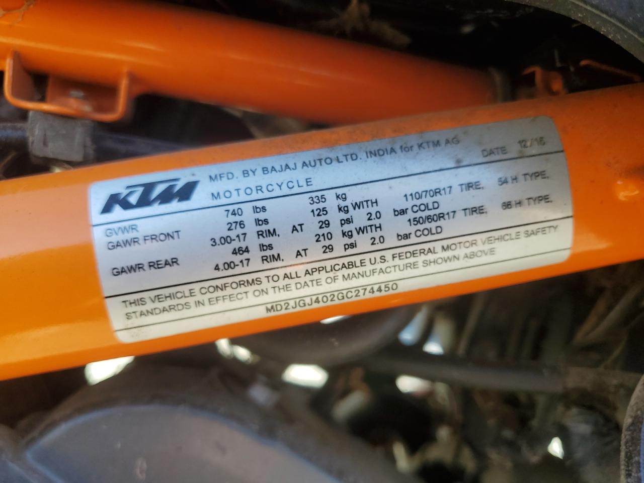 2016 Ktm Rc 390 VIN: MD2JGJ402GC274450 Lot: 75901584