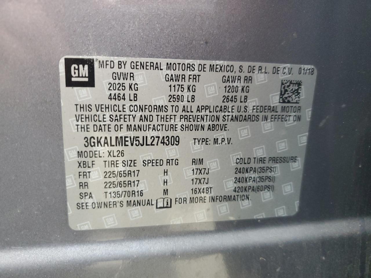 3GKALMEV5JL274309 2018 GMC Terrain Sle