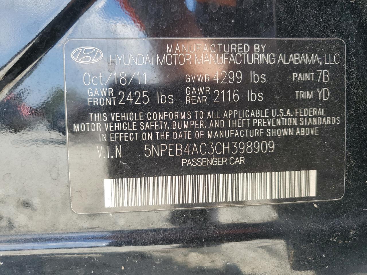 5NPEB4AC3CH398909 2012 Hyundai Sonata Gls