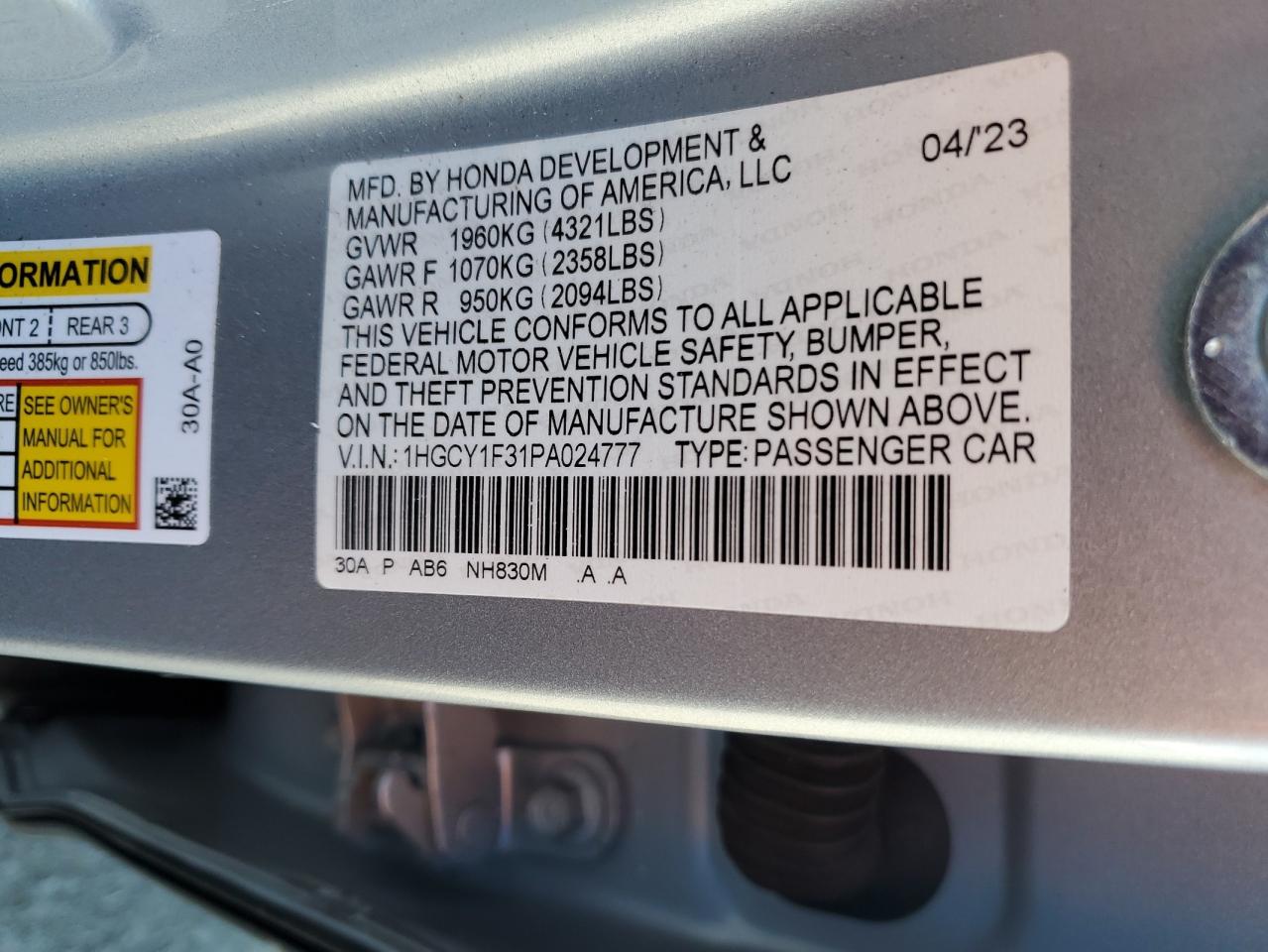 1HGCY1F31PA024777 2023 Honda Accord Ex