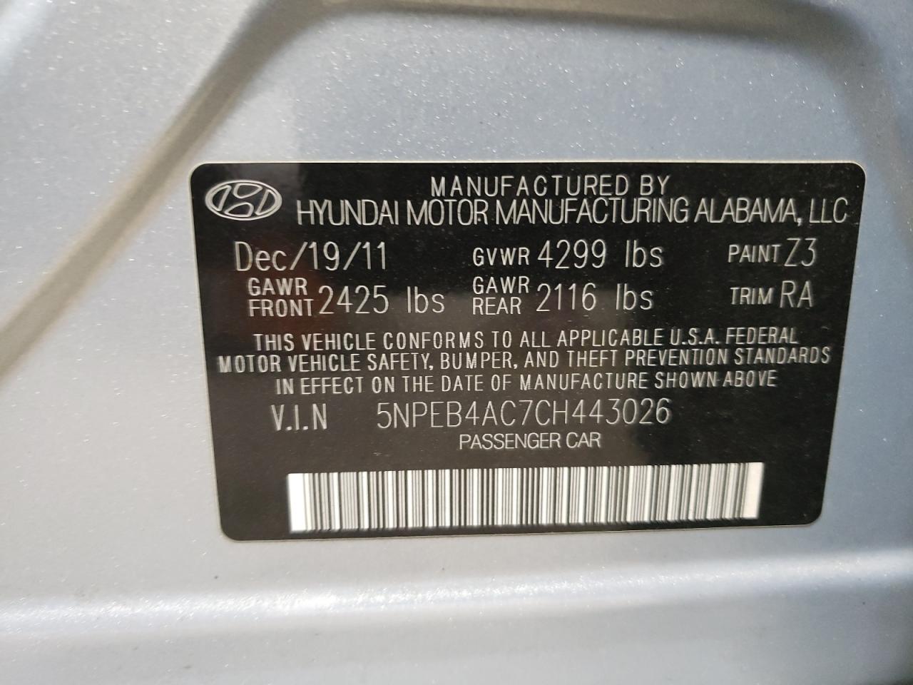 5NPEB4AC7CH443026 2012 Hyundai Sonata Gls