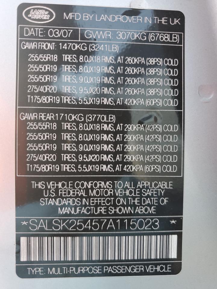 2007 Land Rover Range Rover Sport Hse VIN: SALSK25457A115023 Lot: 71979494