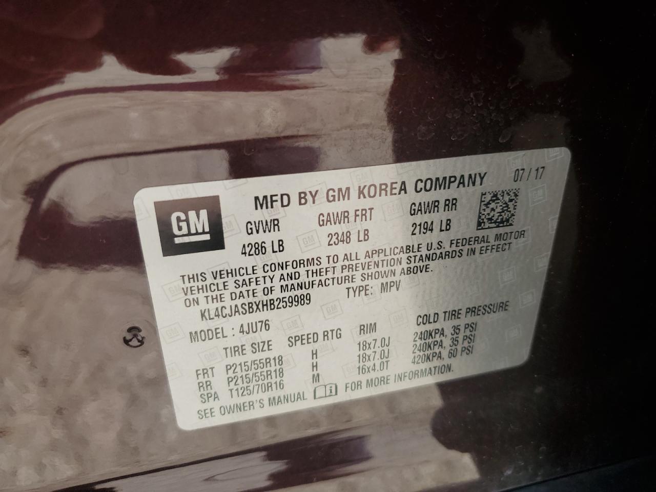 2017 Buick Encore Preferred VIN: KL4CJASBXHB259989 Lot: 73762064