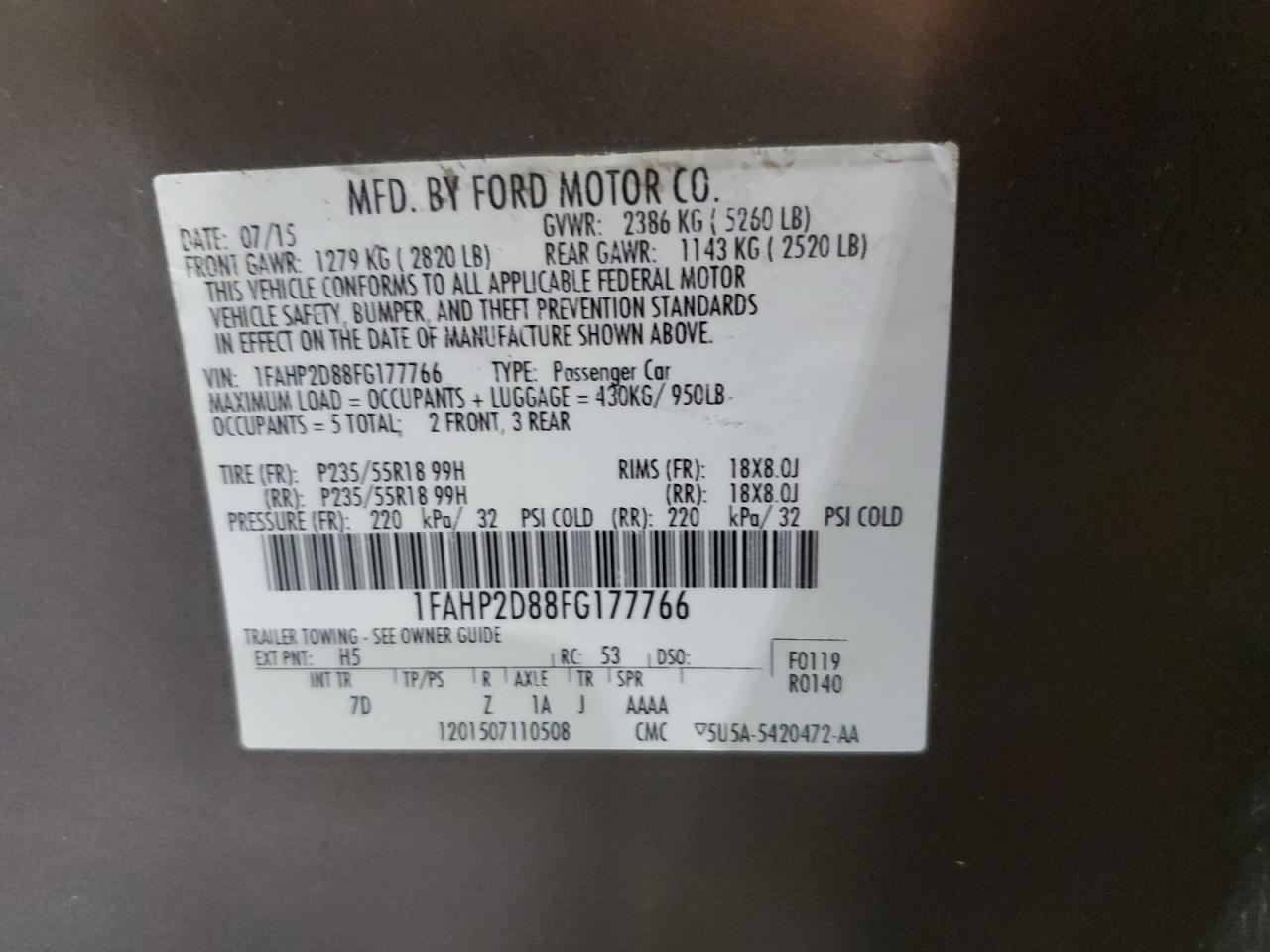 VIN 1FAHP2D88FG177766 2015 FORD TAURUS no.12