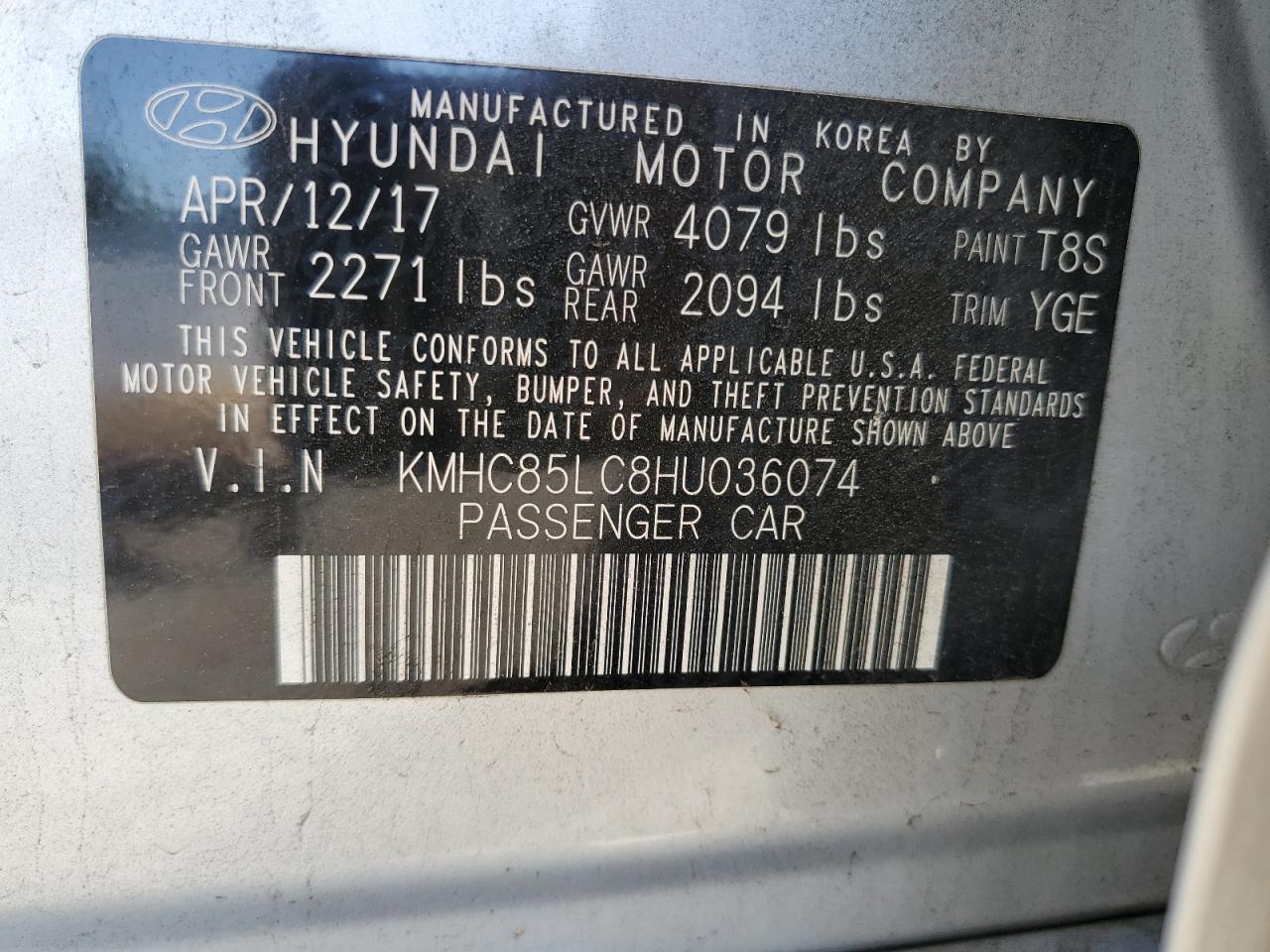 KMHC85LC8HU036074 2017 Hyundai Ioniq Limited