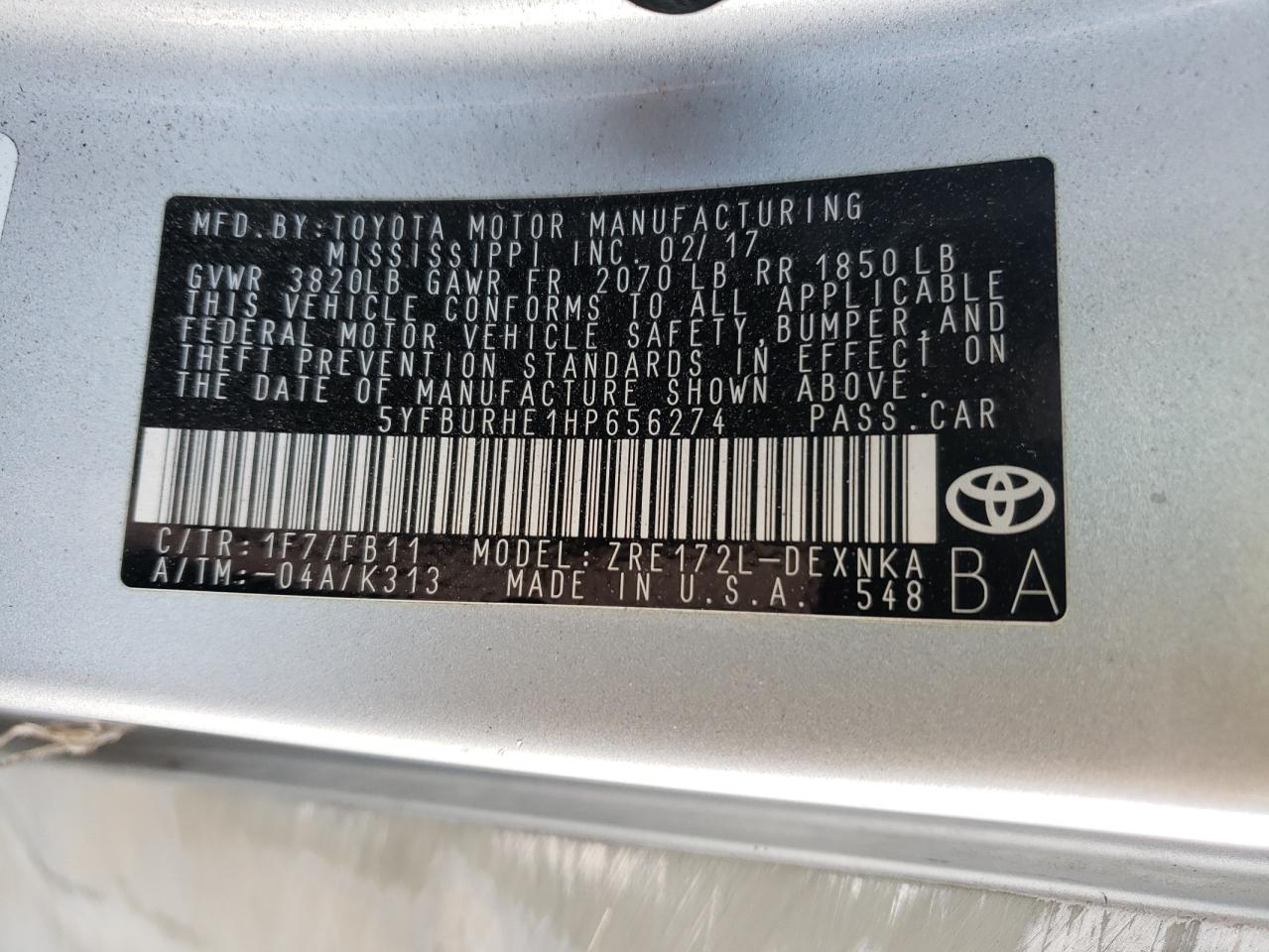 VIN 5YFBURHE1HP656274 2017 TOYOTA COROLLA no.12