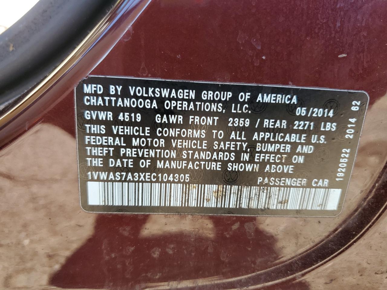 2014 Volkswagen Passat S VIN: 1VWAS7A3XEC104305 Lot: 76706094