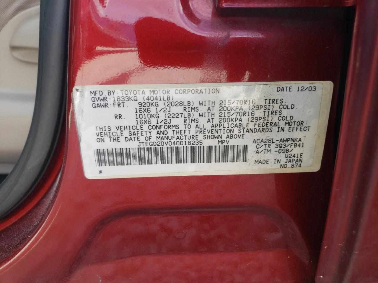 JTEGD20V040018235 2004 Toyota Rav4