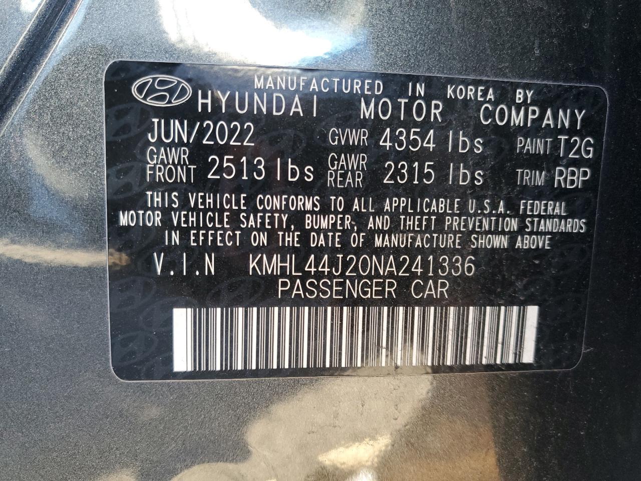 2022 Hyundai Sonata Sel Plus VIN: KMHL44J20NA241336 Lot: 76785204