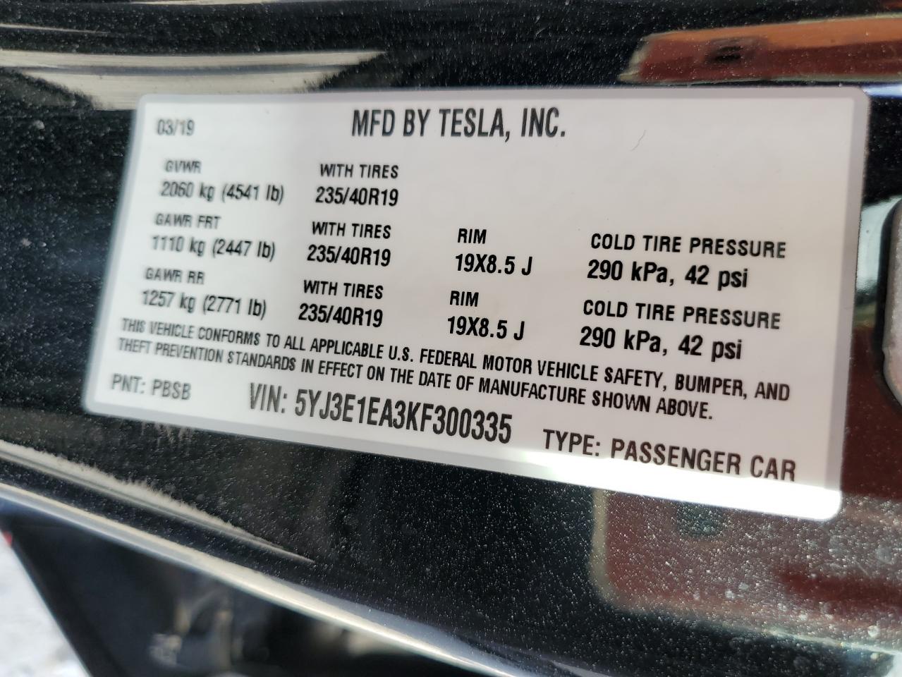 2019 Tesla Model 3 VIN: 5YJ3E1EA3KF300335 Lot: 74123274