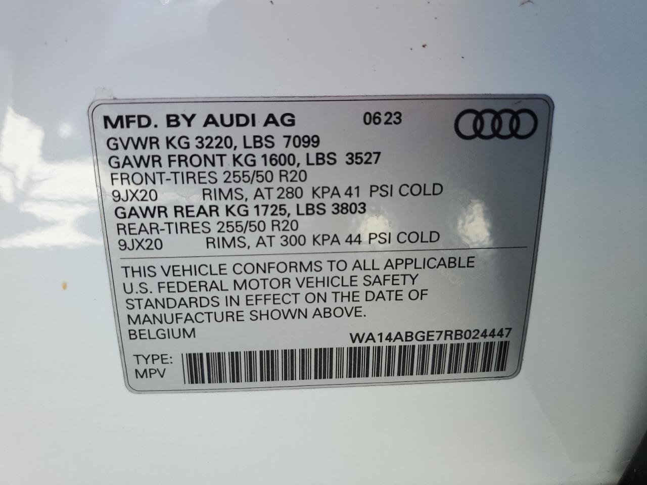 2024 Audi Q8 E-Tron Premium VIN: WA14ABGE7RB024447 Lot: 74483224