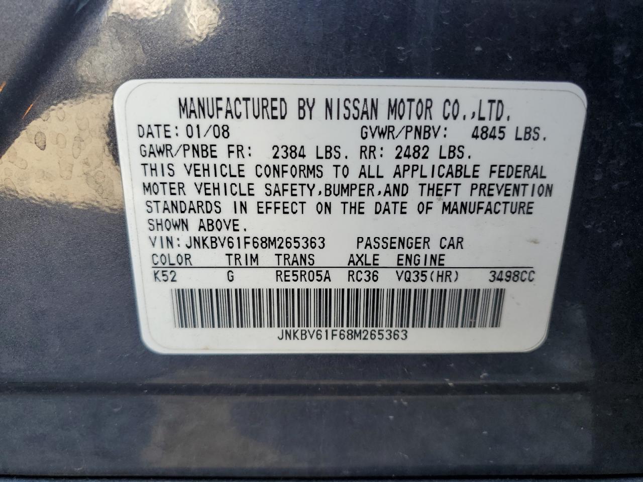 JNKBV61F68M265363 2008 Infiniti G35