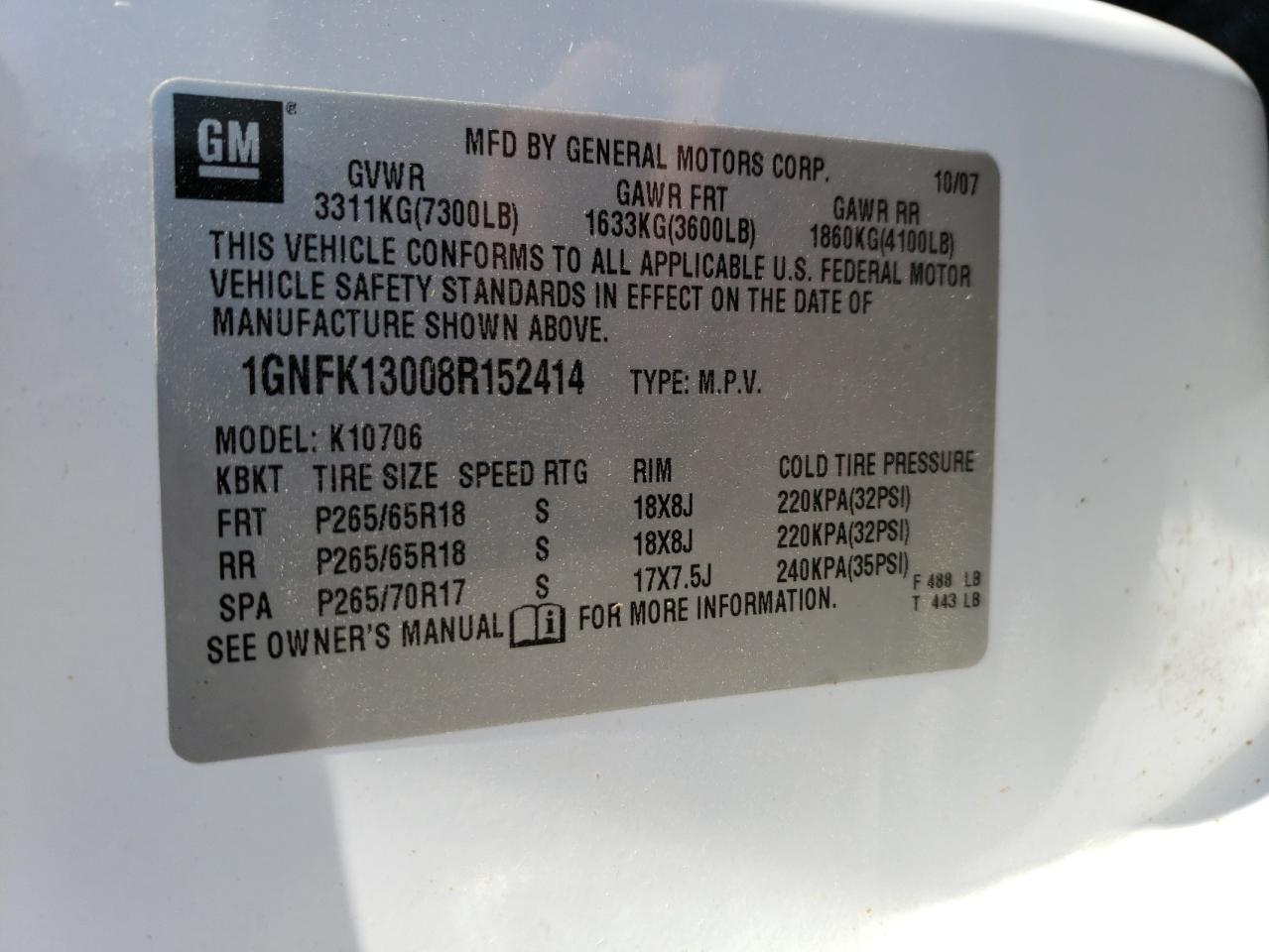 2008 Chevrolet Tahoe K1500 VIN: 1GNFK13008R152414 Lot: 76793724