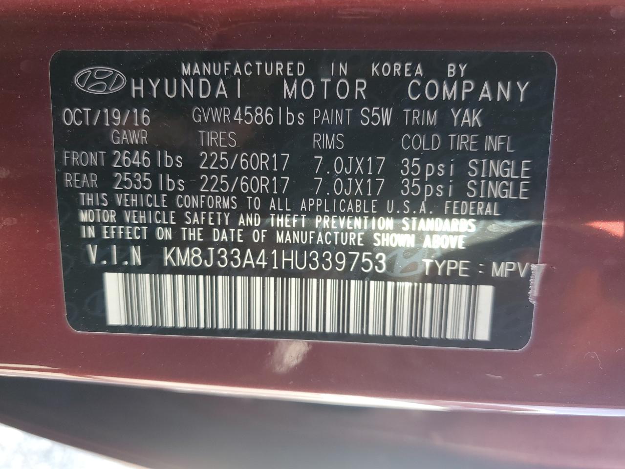 2017 Hyundai Tucson Limited VIN: KM8J33A41HU339753 Lot: 74607134