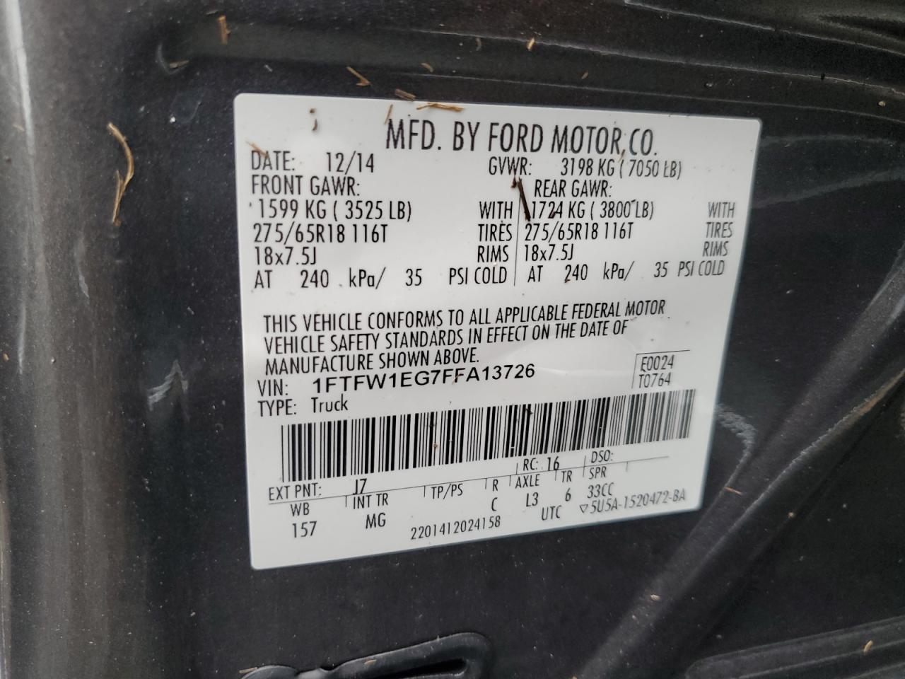 2015 Ford F150 Supercrew VIN: 1FTFW1EG7FFA13726 Lot: 74771634