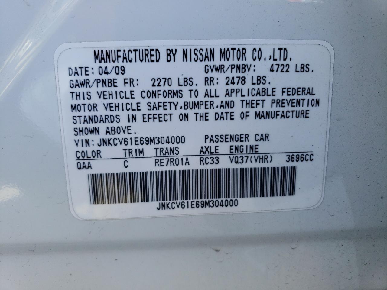 JNKCV61E69M304000 2009 Infiniti G37 Base