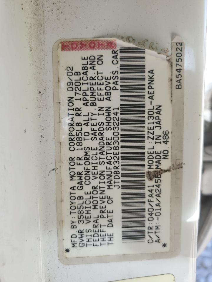 2003 Toyota Corolla Ce VIN: JTDBR32E830032241 Lot: 75775824