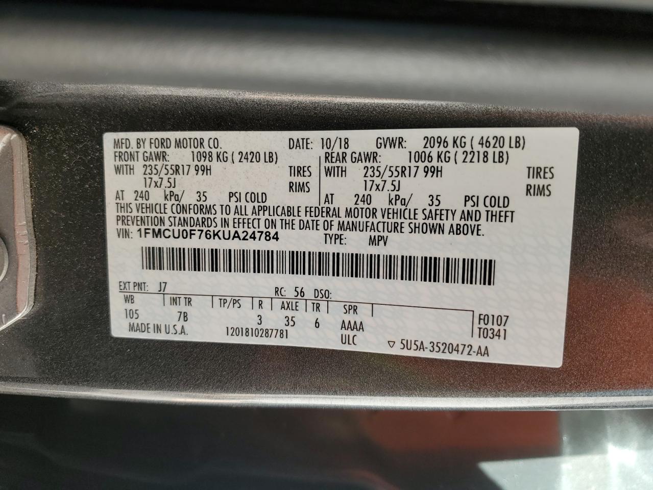 1FMCU0F76KUA24784 2019 Ford Escape S