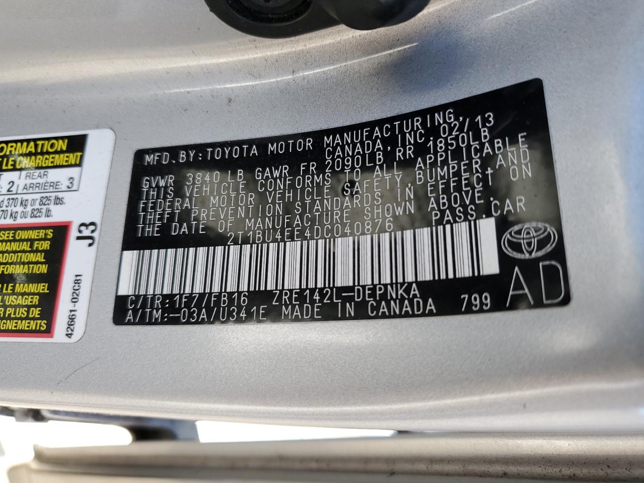 VIN 2T1BU4EE4DC040876 2013 TOYOTA COROLLA no.12