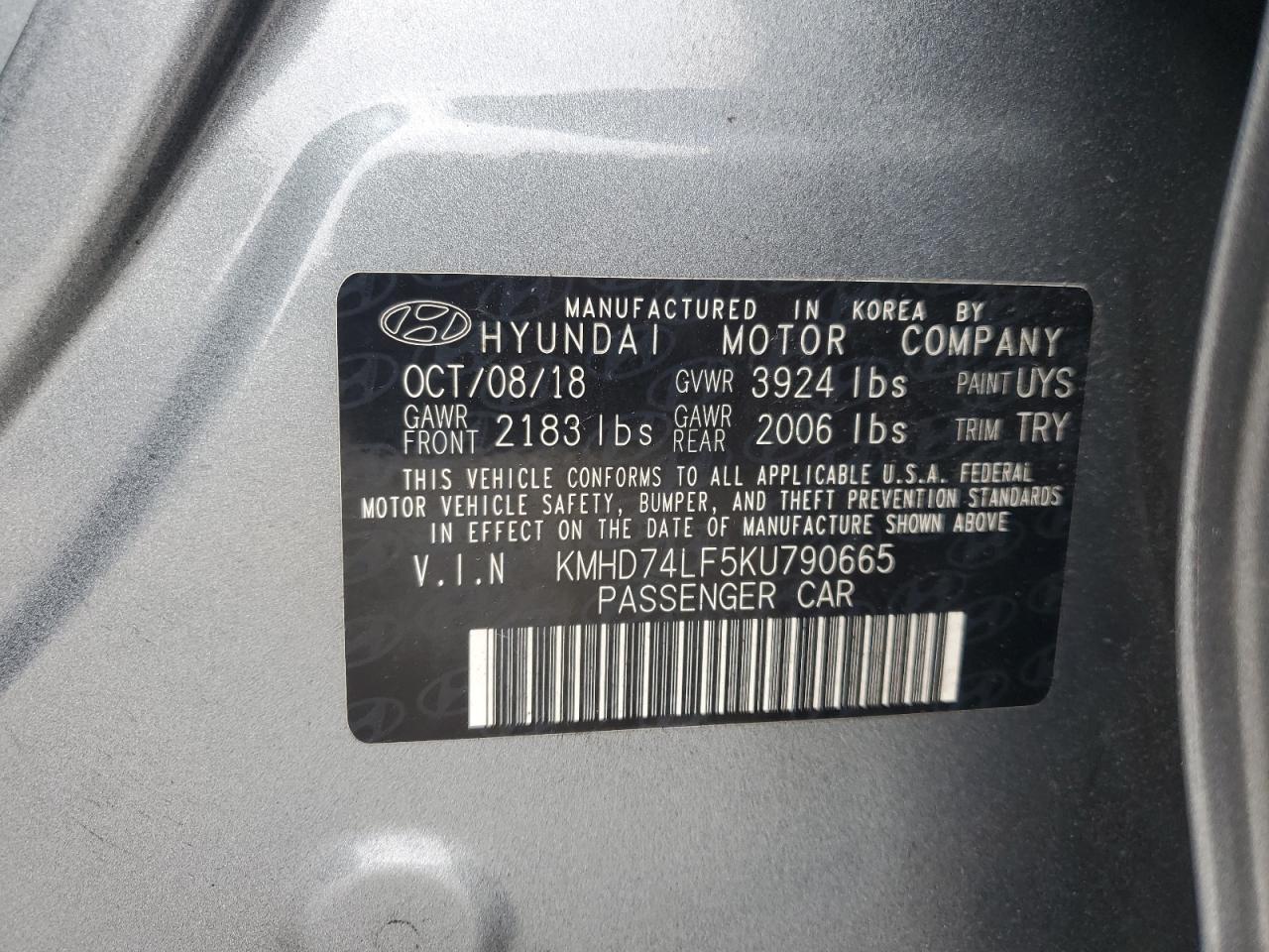 KMHD74LF5KU790665 2019 Hyundai Elantra Se